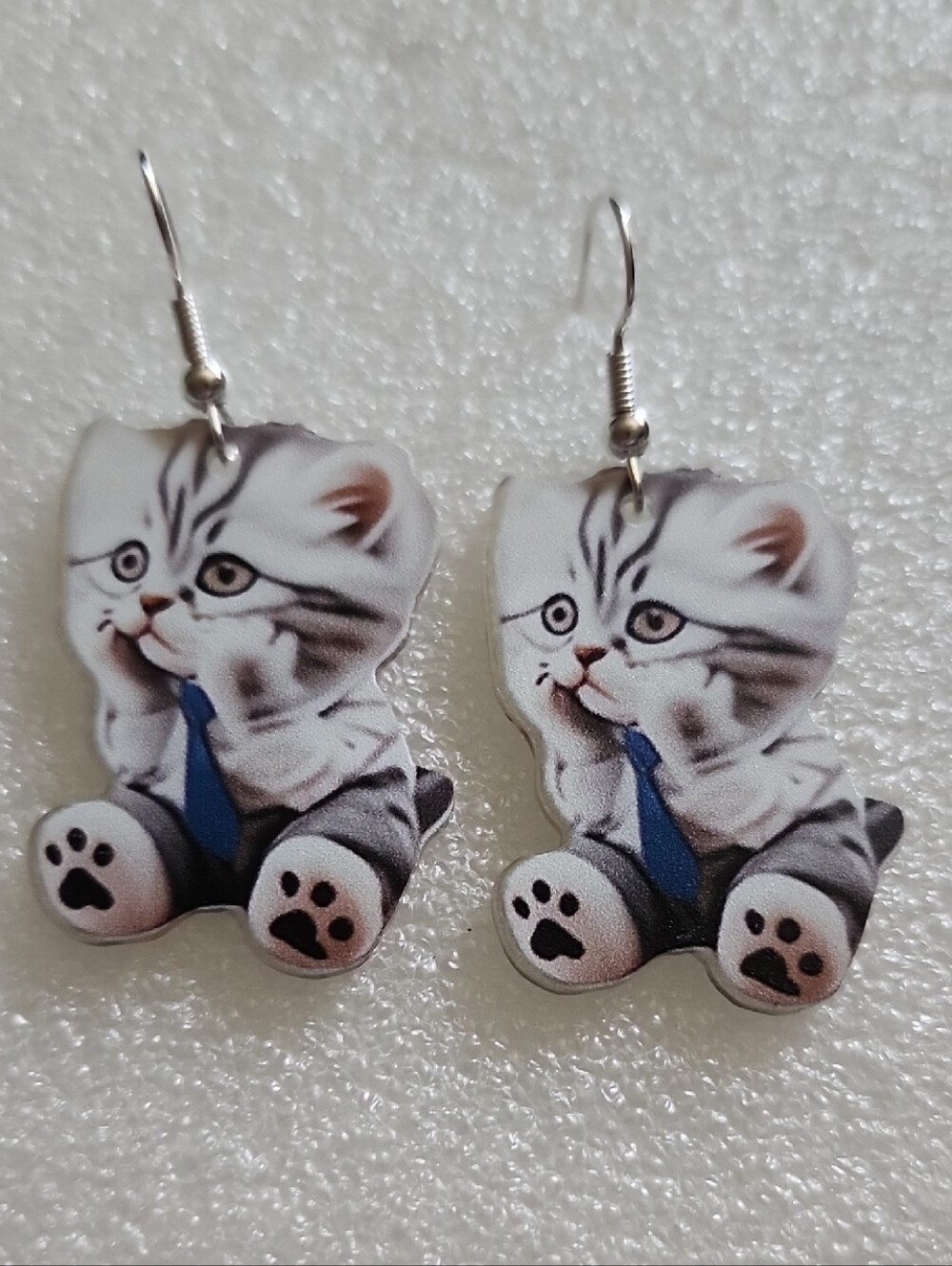 Hand Crafted Kitten Drop Earrings - White, Gray, Blue